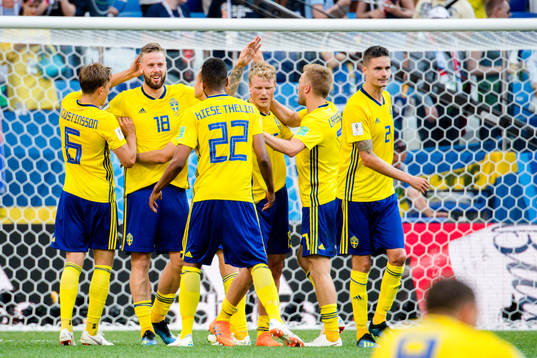 Sveriges Pontus Jansson and Viktor Claesson of Sweden celebrates during the FIFA World Cup group stage match between Sweden and South Korea on June 18, 2018 in Nizhny Novgorod.
