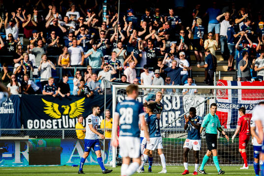 Eirik Ulland Andersen of Strømsgodset celebrates after scoring 3-0