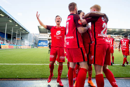 Fredrik Haugen celebrates after Brann scoring 1-0