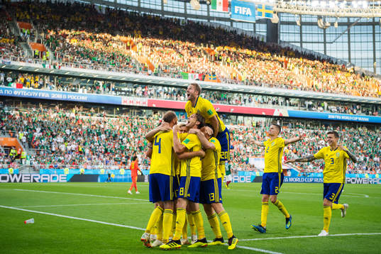 Andreas Granqvist, Emil Forsberg, Albin Ekdal, Gustav Svensson, Ola Toivonen, Mikael Lustig and Victor Nilsson Lindelöf of Sweden celebrates after the 0-2 goal