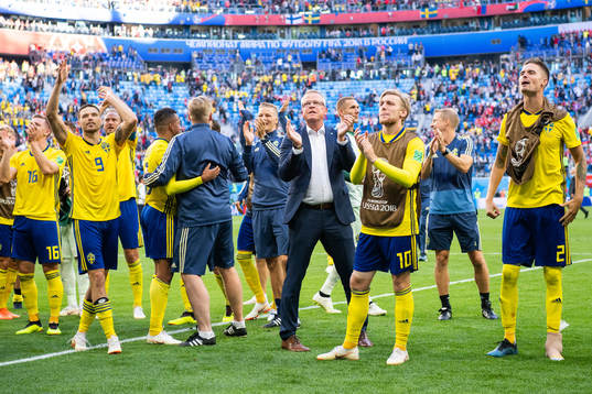Marcus Berg, head coach Janne Andersson and Emil Forsberg