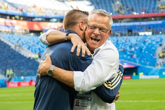 Pontus Jansson hugs the head coach Janne Andersson of