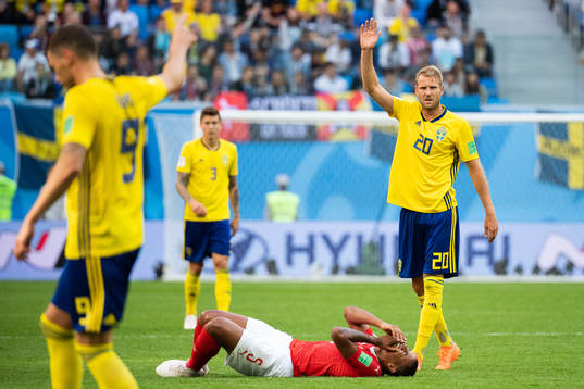 Ola Toivonen of Sweden signals towards Marcus Berg to play