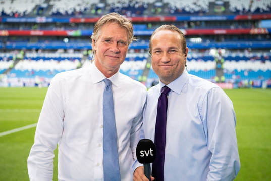 Commentators Glenn Strömberg and Chris Härenstam of the Swedish National Television Channel prior to the FIFA World Cup quarter final match between Sweden and England