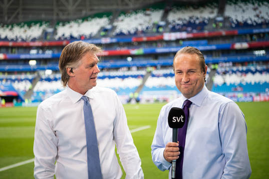 Commentators Glenn Strömberg and Chris Härenstam of the Swedish National Television Channel prior to the FIFA World Cup quarter final match between Sweden and England