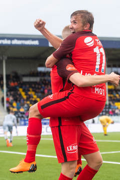 Peter Orry Larsen and Steffen Lie Skålevik of Brann celebrates scoring 1-2