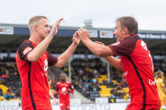Peter Orry Larsen and Steffen Lie Skålevik of Brann celebrates scoring 1-2
