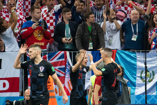 Domagoj Vida and Ivan Perisic of Croatia (right) celebrate