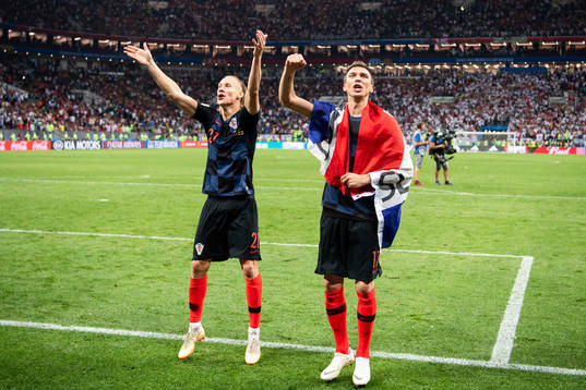Domagoj Vida and Mario Mandzukic of Croatia cdlebrate