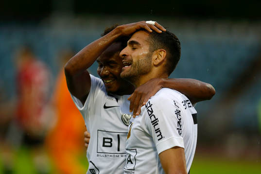 Häckens Mervan Celik celebrates with Nasiry Mohammed after scoring  a goal