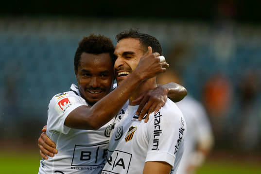 Häckens Mervan Celik celebrates with Nasiry Mohammed  after scoring  a goal