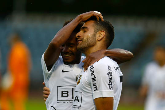 Häckens Mervan Celik celebrates with Nasiry Mohammed after scoring  a goal