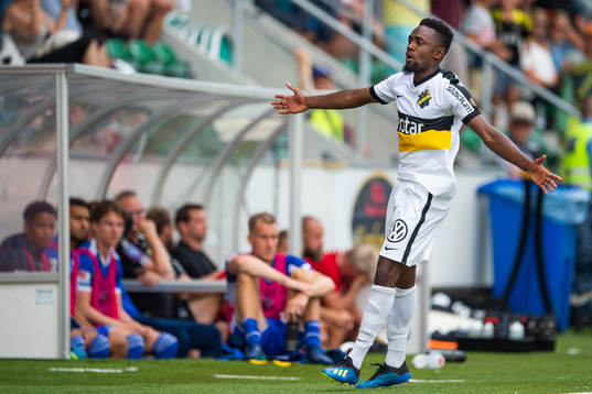 s Heradi Rashidi jublar efter 1-0-målet under fotbollsmatchen i Allsvenskan mellan GIF Sundsvall och AIK den 15 juli 2018 i Sundsvall.
