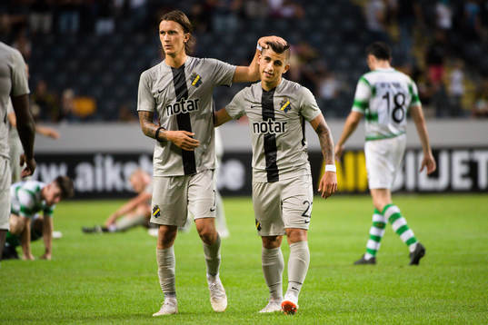 Kristoffer Olsson and Nicolas Stefanelli  of AIK celebrates