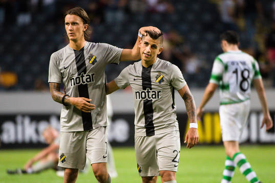 Kristoffer Olsson and Nicolas Stefanelli  of AIK celebrates