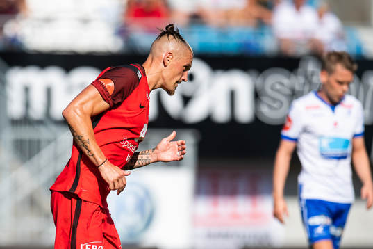 Vito Wormgoor of Brann celebrates scoring 2-1 during the friendly match between Haugesund and Brann on July 29, 2018 in Haugesund.
