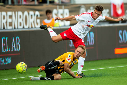 Adam Andersson of Häcken and Massimo Bruno of Leipzig