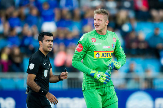 Goalkeeper Eirik Holmen Johansen of Sandefjord reacts during the Eliteserien match between Sandefjord and Tromsø on August 10, 2018 in Sandefjord.
