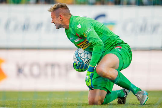 Goalkeeper Eirik Holmen Johansen of Sandefjord reacts to an injury during the Eliteserien match between Sandefjord and Tromsø on August 10, 2018 in Sandefjord.
