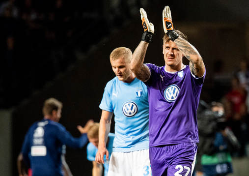 Franz Brorsson and goalkeeper Johan Dahlin of Malmö FF