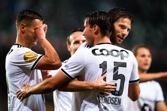 Jonathan Levi, Marius Lundemo  and Anders Trondsen of Rosenborg celebrates the 3-0 goal in the Europa League qualification match between Rosenborg and Cork City