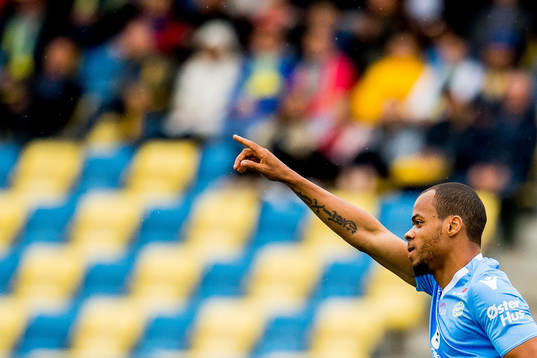 Erixon Danso of Sandnes Ulf celebrates scoring 0-1