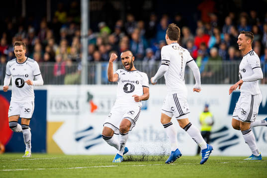 Issam Jebali of Rosenborg celebrates with his teammates after the 0-2 goal