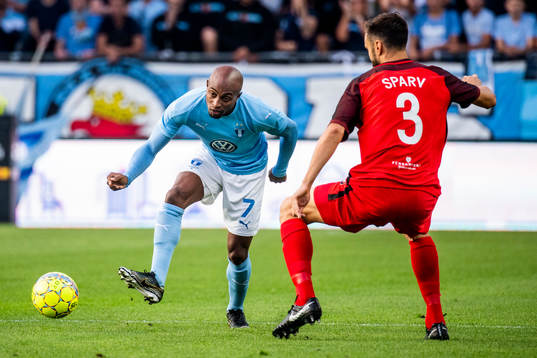 Fouad Bachirou of Malmö FF and Tim Sparv of Midtjylland