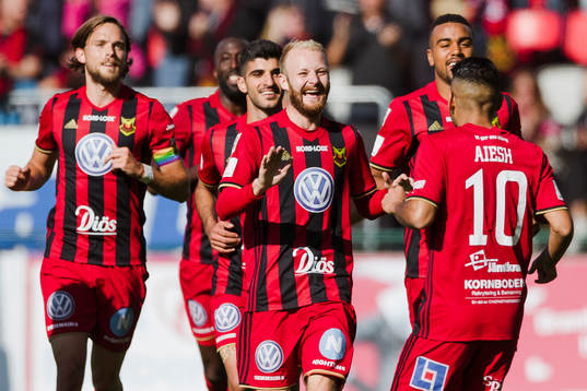 Östersunds Curtis Edwards jublar med Hosam Aiesh efter 1-0