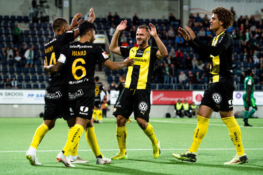 Hammarbys Jiloan Hamad, Mats Solheim och Neto Borges jublar