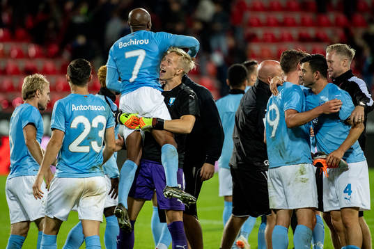 Goalkeeper Walter Viitala and Fouad Bachirou of Malmö FF celebrate