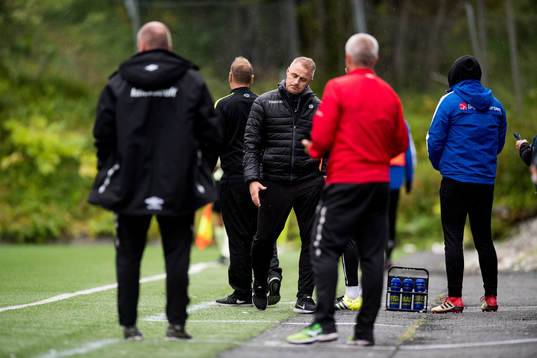 Bengt Sæternes, head coach of Sandnes Ulf, reacts after the 1-0 goal