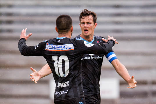 Sanel Kapidzic and Niels Vorthoren of Sandnes Ulf celebrate the 2-2 goal