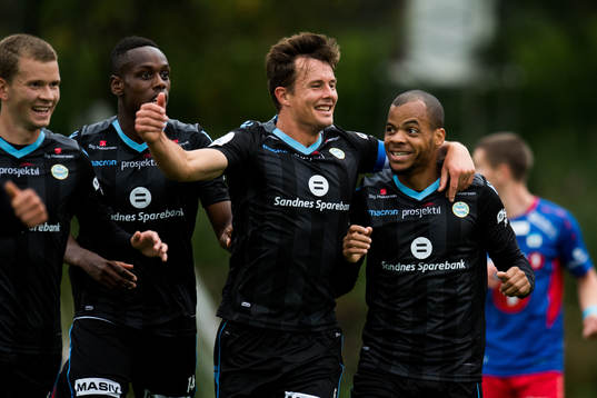 Niels Vorthoren and Erixon Danso of Sandnes Ulf celebrate after a goal that later is disallowed by the referee