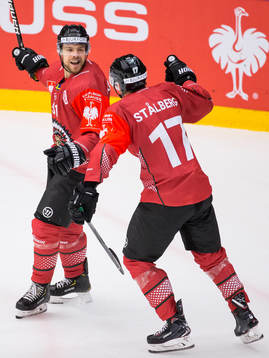 Mats Rosseli Olsen celebrates with Sebastian Stålberg