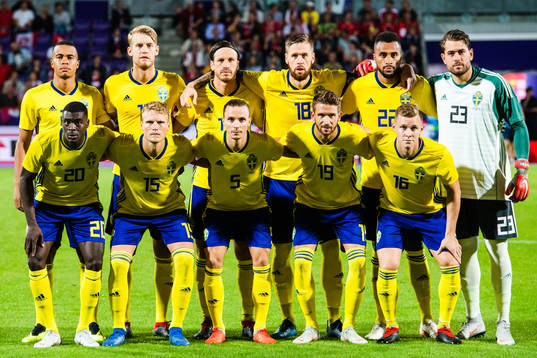  Top row from the left, Robin Quaison, Filip Helander, Gustav Svensson, Pontus Jansson, Isaac Kiese Thelin and goalkeeper Kristoffer Nordfeldt. Bottom row from the left, Ken Sema, Oscar Hiljemark, Niklas Hult, Marcus Rohdén and Emil Krafth  prior to the international friendly football match between Austria and Sweden on September 6, 2018 in Wien.