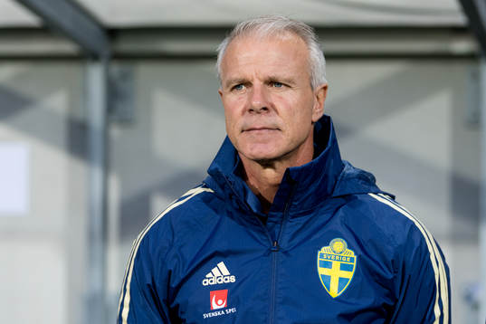 Sveriges förbundskapten Roland Nilsson före EM-kvalmatchen i fotboll mellan Sverige och Ungern den 7 september 2018 i Falkenberg.