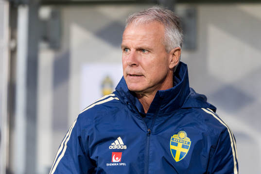 Sveriges förbundskapten Roland Nilsson före EM-kvalmatchen i fotboll mellan Sverige och Ungern den 7 september 2018 i Falkenberg.