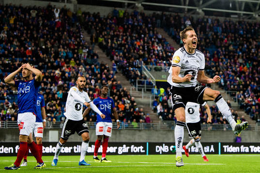 Anders Konradsen of Rosenborg celebrates the 1-2 goal scored by Enar Jääger of Vålerenga (own goal)