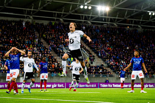 Anders Konradsen of Rosenborg celebrates the 1-2 goal scored by Enar Jääger of Vålerenga (own goal)