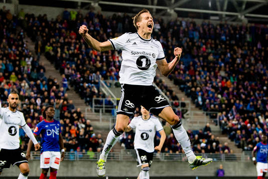 Anders Konradsen of Rosenborg celebrates the 1-2 goal scored by Enar Jääger of Vålerenga (not pitctured, own goal)