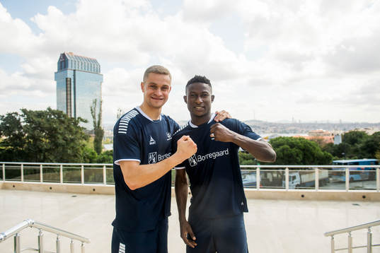 Goalkeeper Aleksandr Vasyutin and Muhammed Usman Edu of Sarpsborg 08 pose for a picture