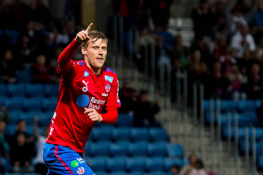 Helsingborgs Andri Runar  Bjarnason jublar efter sitt 1-0 mål