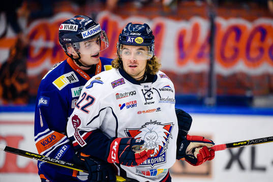 Växjös Linus Högberg pratar med Linköpings Adam Brodecki