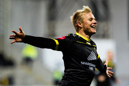 Elliot Käck of Start celebrates after scoring the 1-1 goal