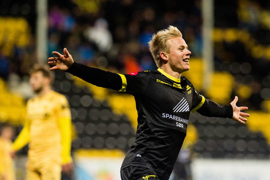 Elliot Käck of Start celebrates after scoring the 1-1 goal