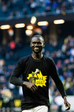 s Enoch Kofi Adu jublar efter fotbollsmatchen i Allsvenskan mellan AIK och Hammarby den 23 September 2018 i Stockholm. 