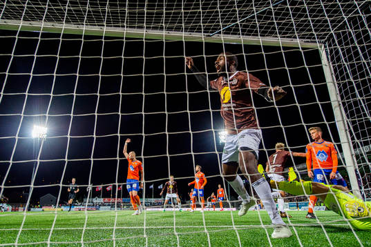 Olivier Occéan of Mjøndalen celebrates after 2-0