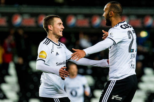 Djordje Denic of Rosenborg celebrates with teammate Issam Jebali after scoring 1-0 during the cup match between Rosenborg and Vålerenga on September 26, 2018 in Trondheim.
