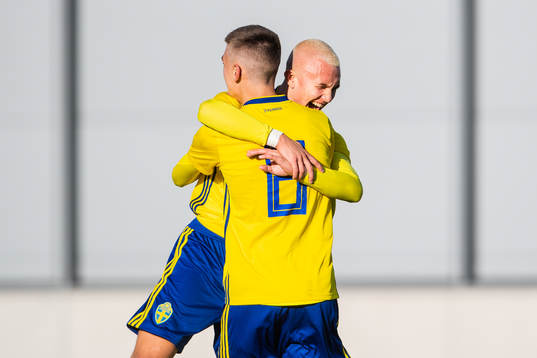 Sveriges Karl Landsten jublar med Tim Prica efter att han gjort 3-0-målet
